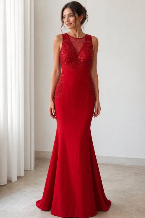 Unbranded Dresses & Skirts - Red Sleeveless Sequin Evening Gown with Lace Detail